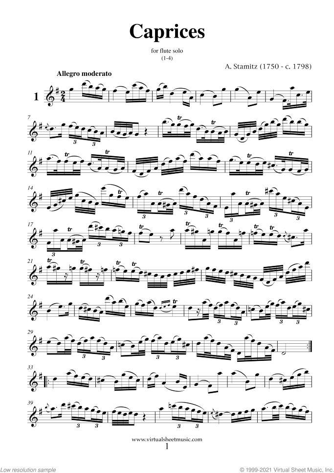 Caprices sheet music for flute solo by Anton Stamitz, classical score, intermediate/advanced skill level