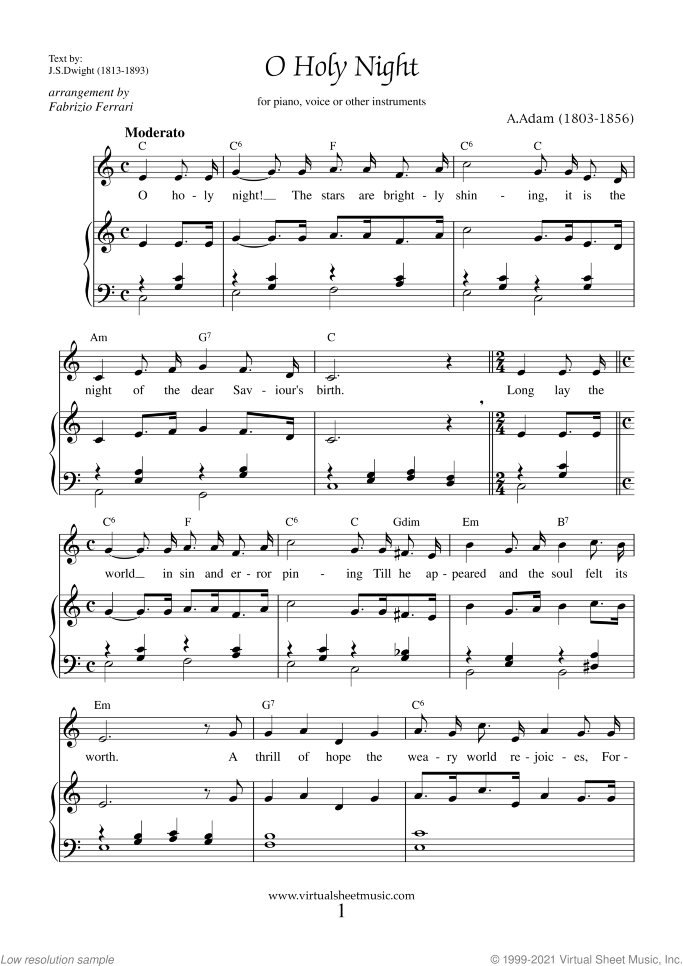 O Holy Night sheet music for piano, voice or other instruments by Adolphe Adam, easy skill level