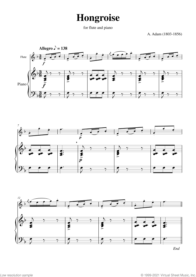 Hongroise sheet music for flute and piano by Adolphe Adam, classical score, easy skill level