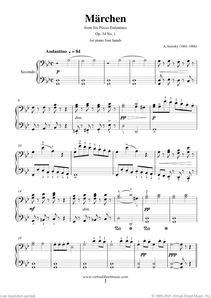 Six Pieces Enfantines Op.34 No. 1 - Marchen sheet music for piano four hands by Anton Arensky, classical score, intermediate skill level