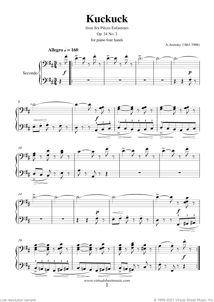 Six Pieces Enfantines Op.34 No.2 - Kuckuck sheet music for piano four hands by Anton Arensky, classical score, intermediate skill level