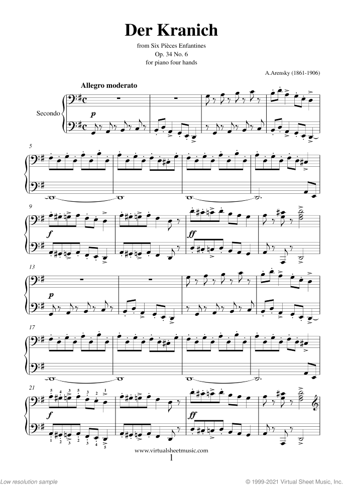 Six Pieces Enfantines Op.34 No.6 - Der Kranich sheet music for piano four hands by Anton Arensky, classical score, intermediate skill level