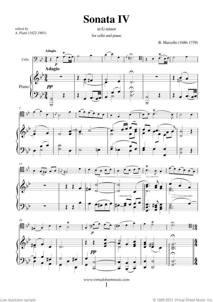 Sonata IV in G minor sheet music for cello and piano by Benedetto Marcello, classical score, intermediate/advanced skill level