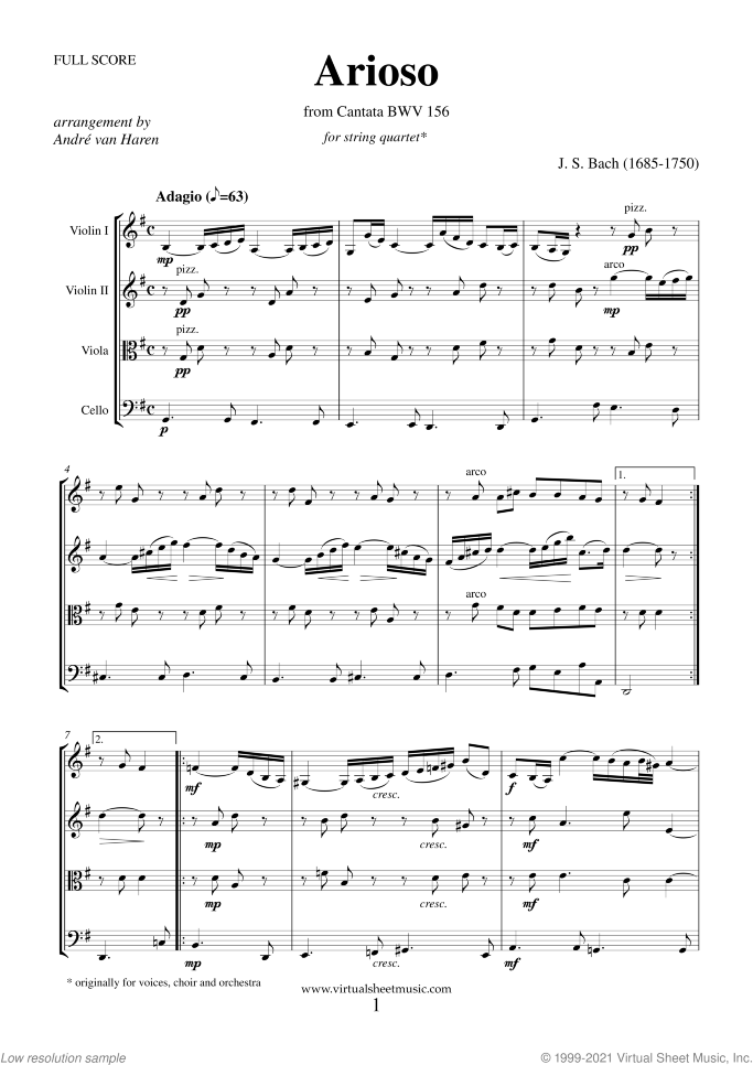 Arioso (f.score) sheet music for string quartet by Johann Sebastian Bach, classical wedding score, intermediate skill level