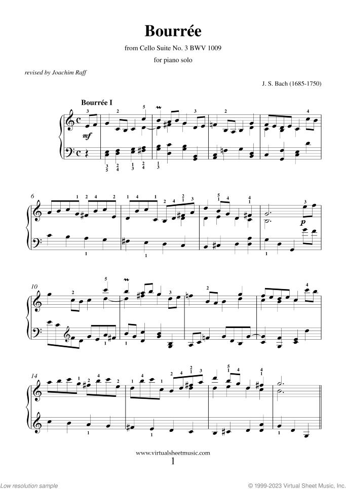 Bourree in C major BWV 1009 sheet music for piano solo by Johann Sebastian Bach, classical wedding score, intermediate skill level