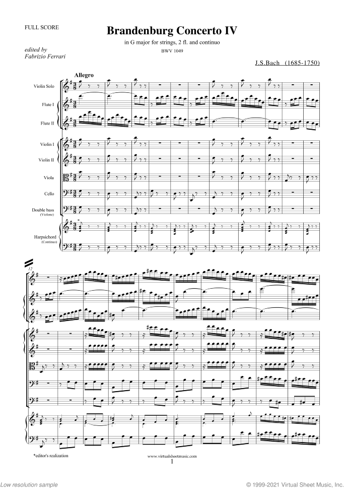 Brandenburg Concerto IV (f.score) sheet music for 2 fl, strings and harpsichord by Johann Sebastian Bach, classical score, intermediate orchestra