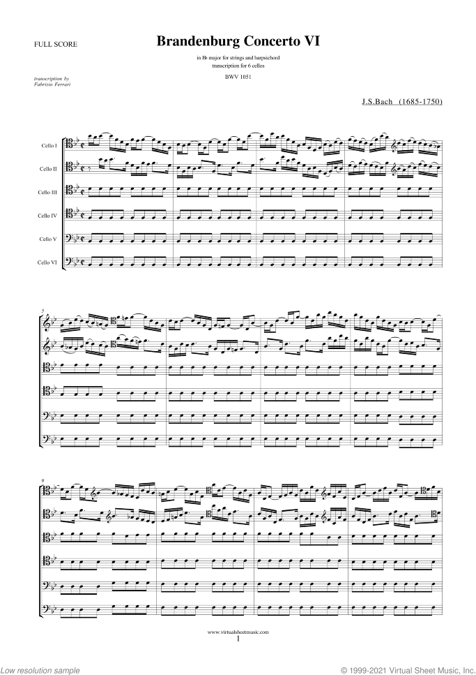 Brandenburg Concerto VI (f.score) sheet music for six cellos by Johann Sebastian Bach, classical score, intermediate/advanced skill level