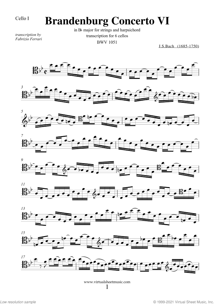Brandenburg Concerto VI (parts) sheet music for six cellos by Johann Sebastian Bach, classical score, intermediate/advanced skill level