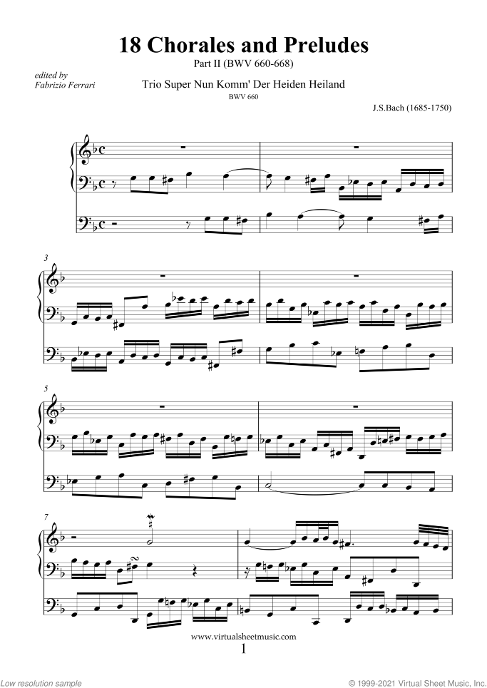 Chorales and Preludes sheet music for organ solo by Johann Sebastian Bach, classical score, intermediate skill level
