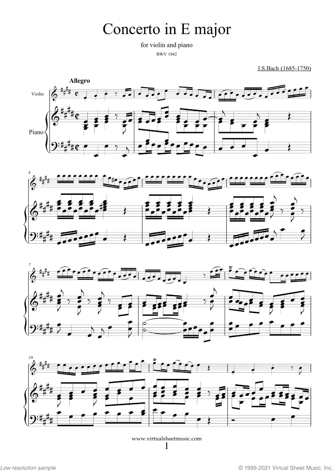 Concerto in E major sheet music for violin and piano by Johann Sebastian Bach, classical score, intermediate skill level
