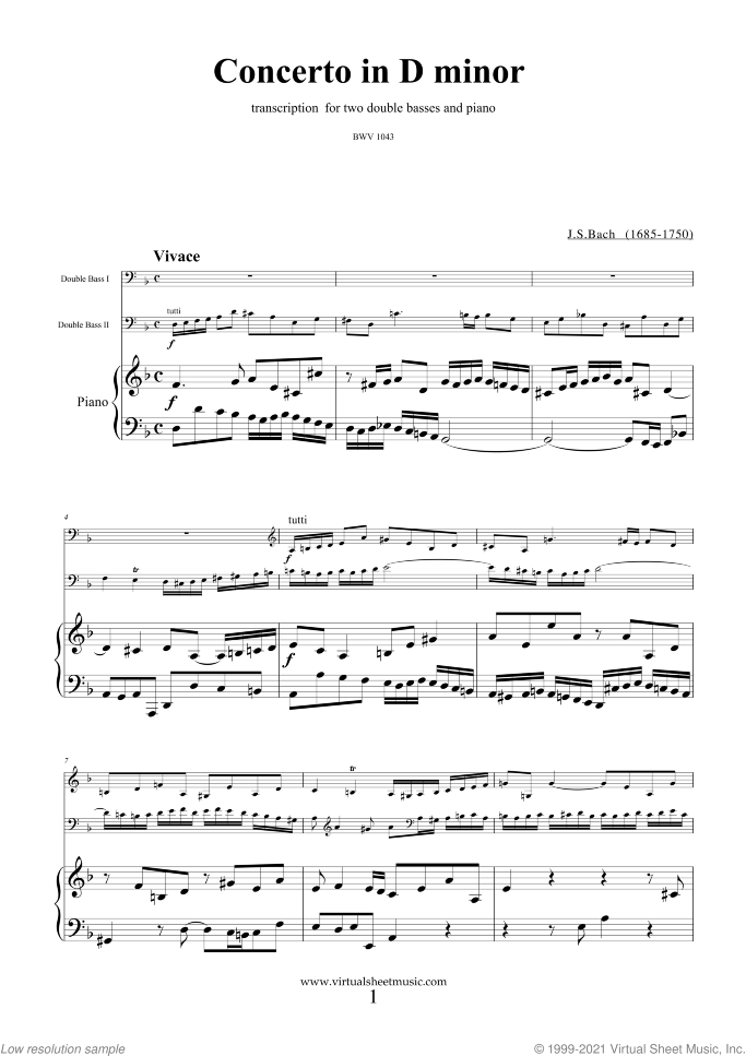 Concerto in D minor BWV 1043 (Double Concerto) sheet music for two double-basses and piano by Johann Sebastian Bach, classical score, intermediate/advanced skill level