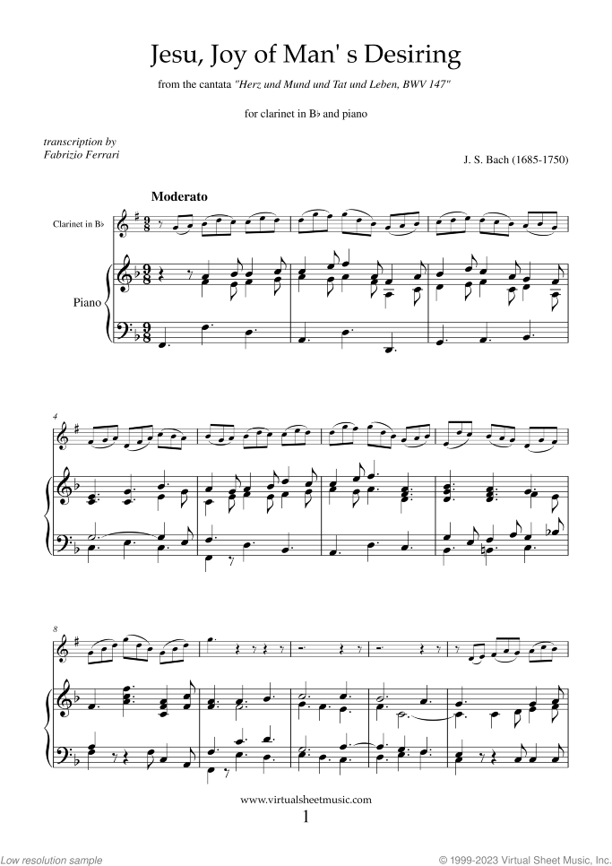 Jesu, Joy of Man's Desiring sheet music for clarinet and piano by Johann Sebastian Bach, classical wedding score, intermediate skill level