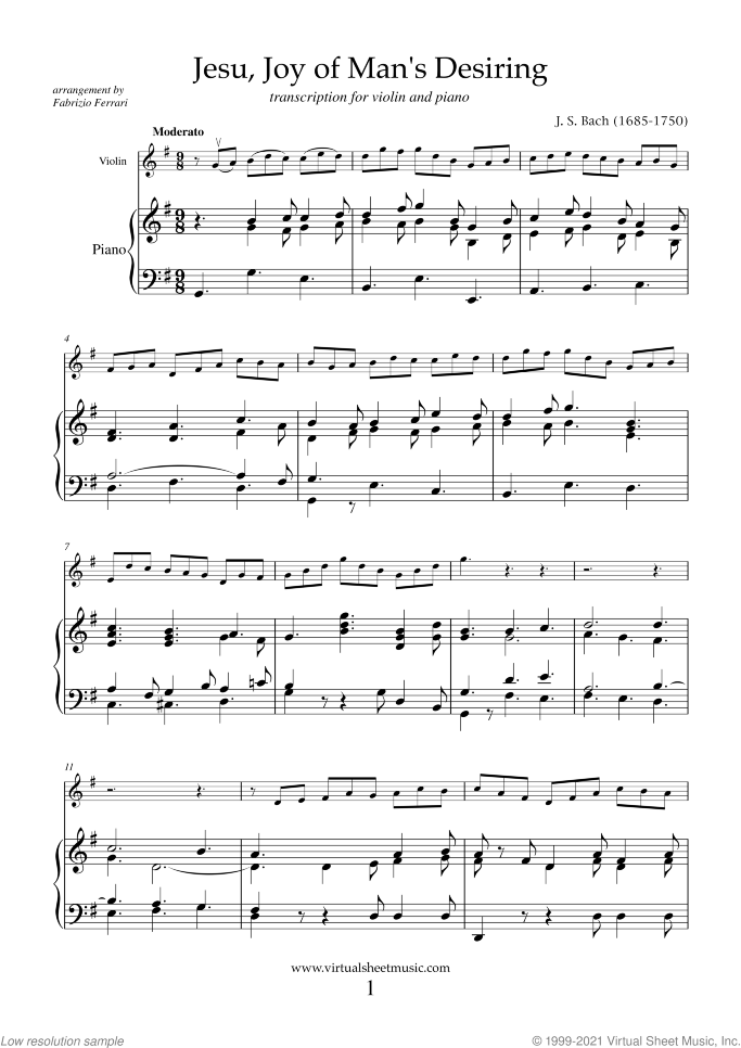 Jesu, Joy of Man's Desiring (NEW EDITION) sheet music for violin and piano by Johann Sebastian Bach, classical wedding score, intermediate skill level