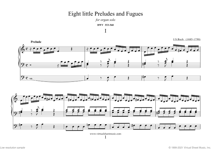 Eight Little Preludes and Fugues sheet music for organ solo by Johann Sebastian Bach, classical score, intermediate skill level