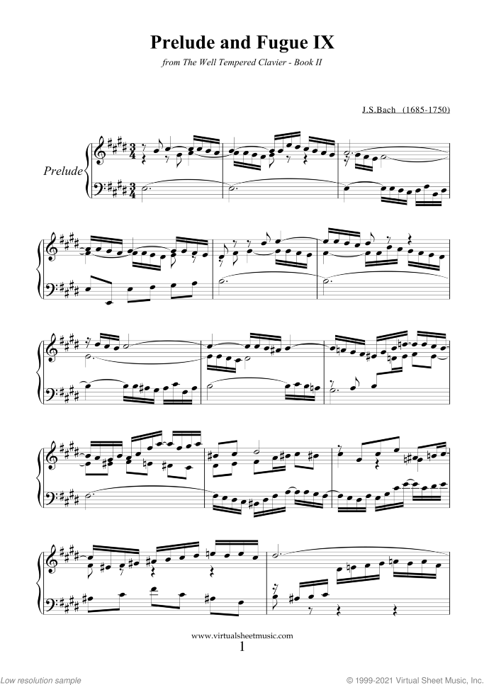 Prelude and Fugue IX - Book II sheet music for piano solo (or harpsichord) by Johann Sebastian Bach, classical score, easy/intermediate piano (or harpsichord)