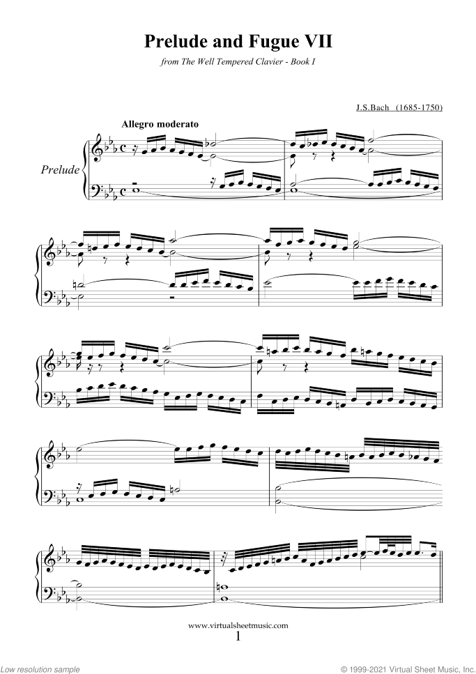Prelude and Fugue VII - Book I sheet music for piano solo (or harpsichord) by Johann Sebastian Bach, classical score, easy/intermediate piano (or harpsichord)