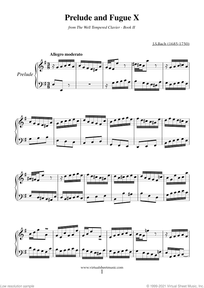 Prelude and Fugue X - Book II sheet music for piano solo (or harpsichord) by Johann Sebastian Bach, classical score, easy/intermediate piano (or harpsichord)