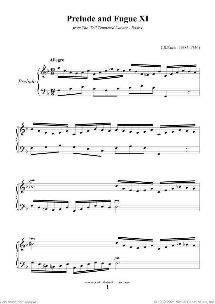 Prelude and Fugue XI - Book I sheet music for piano solo (or harpsichord) by Johann Sebastian Bach, classical score, easy/intermediate piano (or harpsichord)