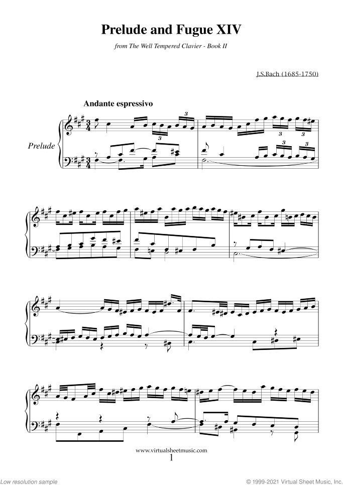Prelude and Fugue XIV - Book II sheet music for piano solo (or harpsichord) by Johann Sebastian Bach, classical score, intermediate piano (or harpsichord)