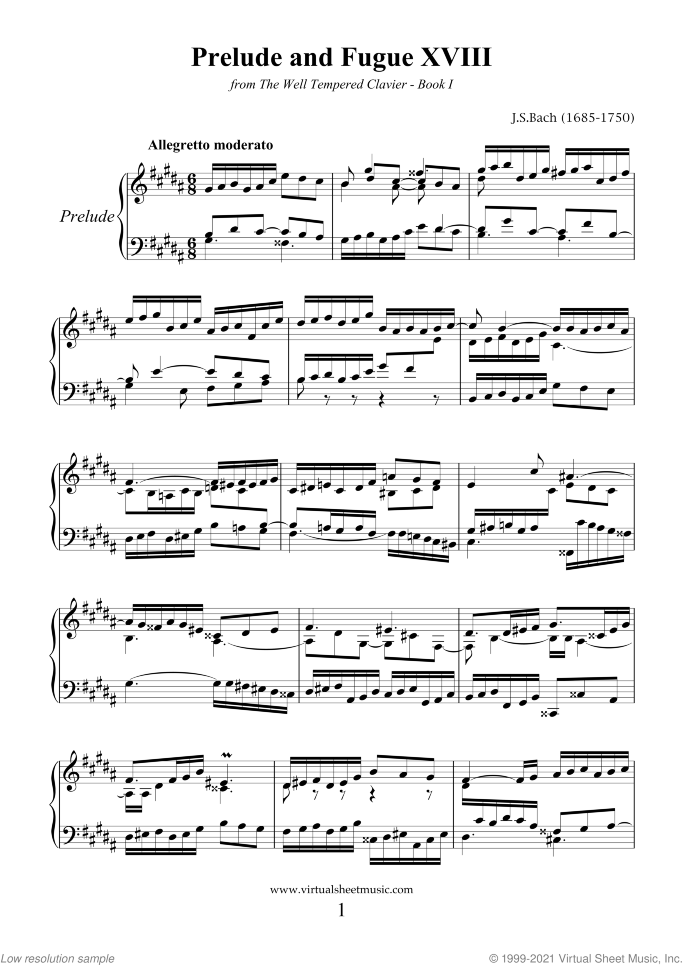Prelude and Fugue XVIII - Book I sheet music for piano solo (or harpsichord) by Johann Sebastian Bach, classical score, easy/intermediate piano (or harpsichord)