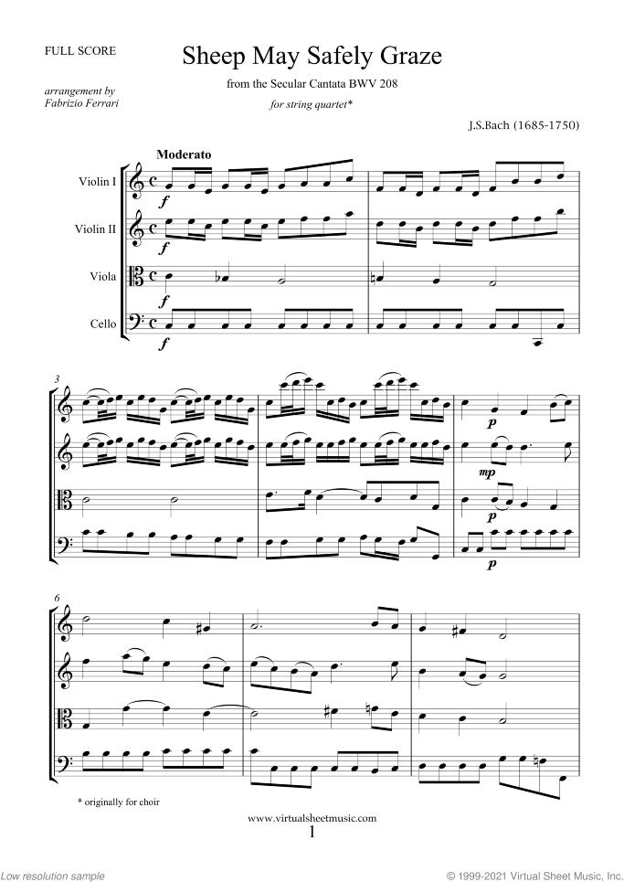 Sheep May Safely Graze (f.score) sheet music for string quartet by Johann Sebastian Bach, classical wedding score, intermediate skill level
