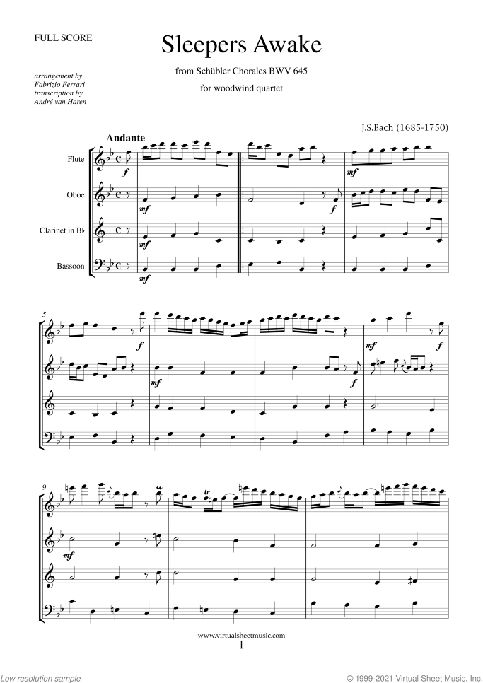 Sleepers Awake (f.score) sheet music for wind quartet by Johann Sebastian Bach, classical score, intermediate skill level