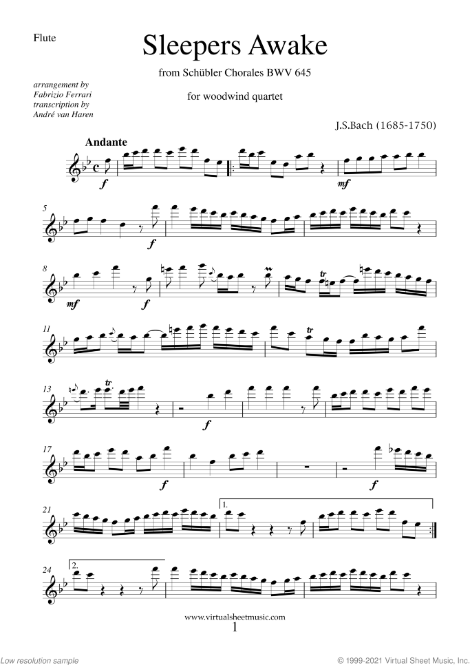 Sleepers Awake (parts) sheet music for wind quartet by Johann Sebastian Bach, classical score, intermediate skill level