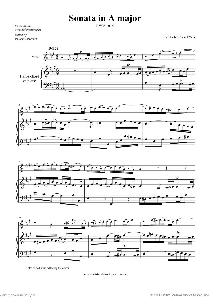Sonata in A major BWV 1015 sheet music for violin and piano (or harpsichord) by Johann Sebastian Bach, classical score, intermediate skill level