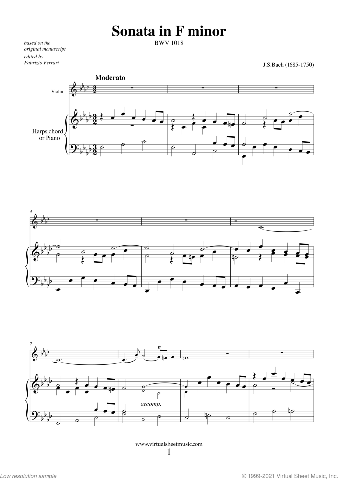 Sonata in F minor BWV 1018 sheet music for violin and piano (or harpsichord) by Johann Sebastian Bach, classical score, intermediate skill level
