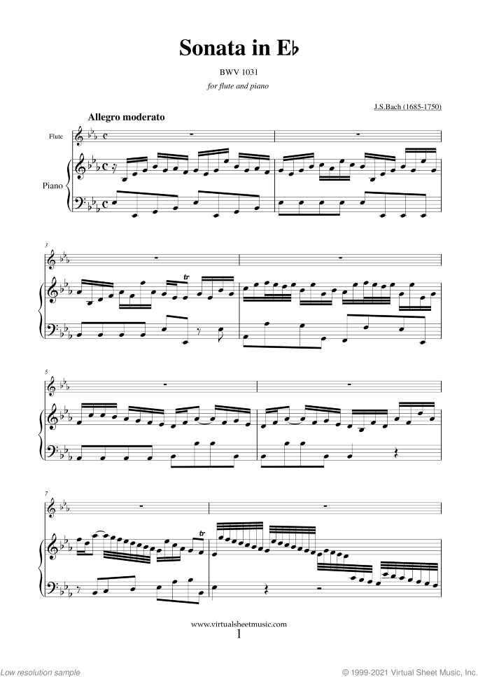 Sonata in E flat major BWV 1031 sheet music for flute and piano by Johann Sebastian Bach, classical score, intermediate skill level