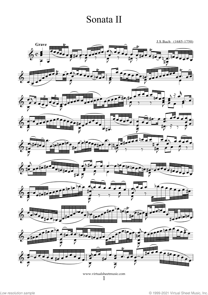 Sonata No.2 in A minor sheet music for violin solo by Johann Sebastian Bach, classical score, advanced skill level