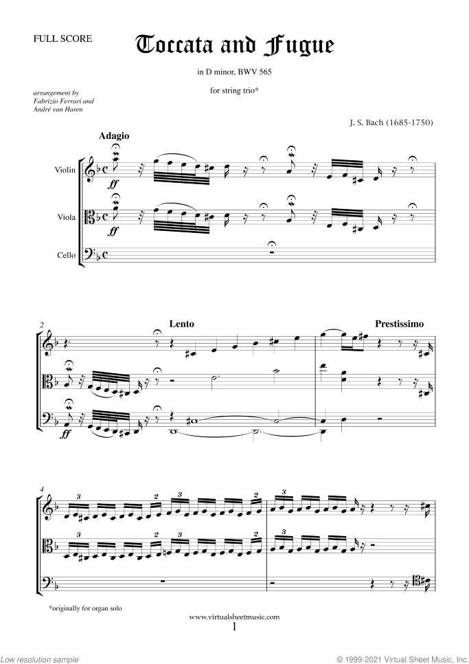 Toccata and Fugue in D minor BWV 565 (f.score) sheet music for string trio by Johann Sebastian Bach, classical score, intermediate/advanced skill level