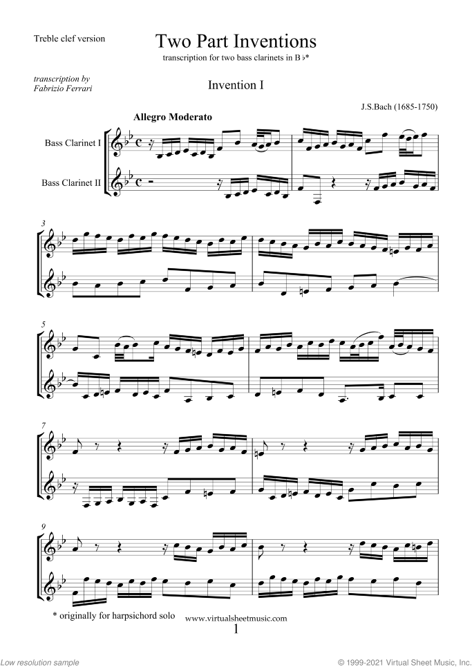 Two Part Inventions sheet music for two bass clarinets by Johann Sebastian Bach, classical score, intermediate duet
