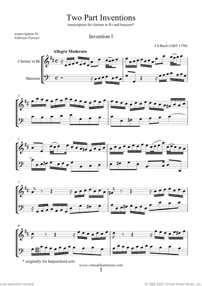 Two Part Inventions sheet music for clarinet and bassoon by Johann Sebastian Bach, classical score, intermediate duet