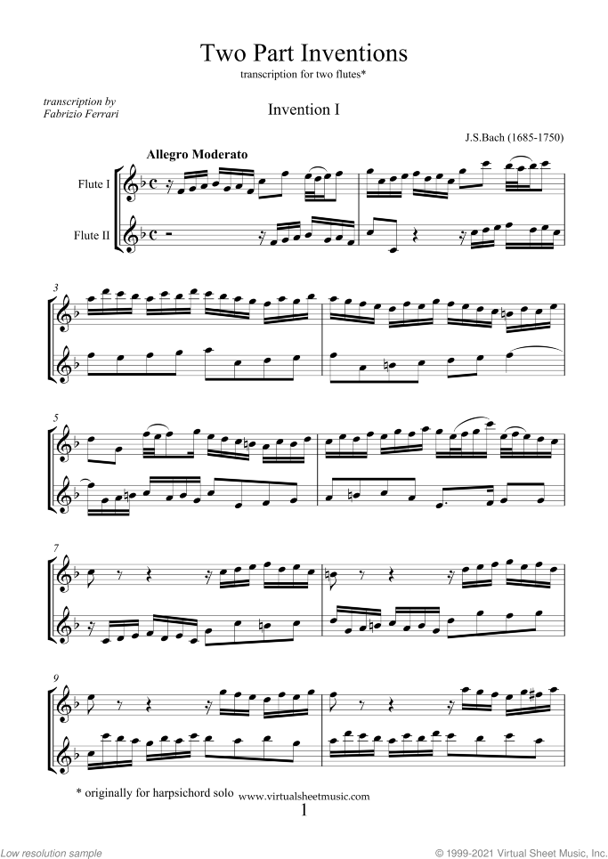 Two Part Inventions sheet music for two flutes by Johann Sebastian Bach, classical score, intermediate duet