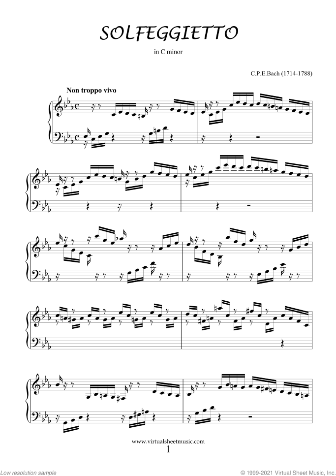Solfeggietto in C minor sheet music for piano solo by Carl Philip Emanuel Bach, classical score, intermediate skill level