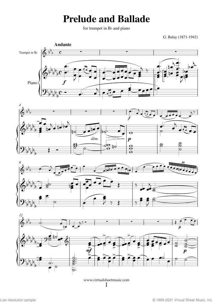 Prelude and Ballade sheet music for trumpet and piano by Guillaume Balay, classical score, intermediate/advanced skill level