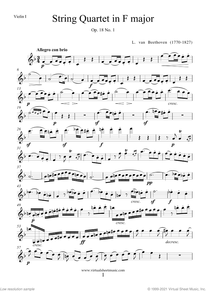 Quartet Op.18 No.1 in F major (COMPLETE) sheet music for string quartet by Ludwig van Beethoven, classical score, advanced skill level