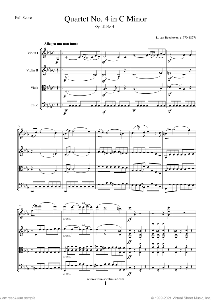 Quartet Op.18 No.4 in C minor (f.score) sheet music for string quartet by Ludwig van Beethoven, classical score, advanced skill level