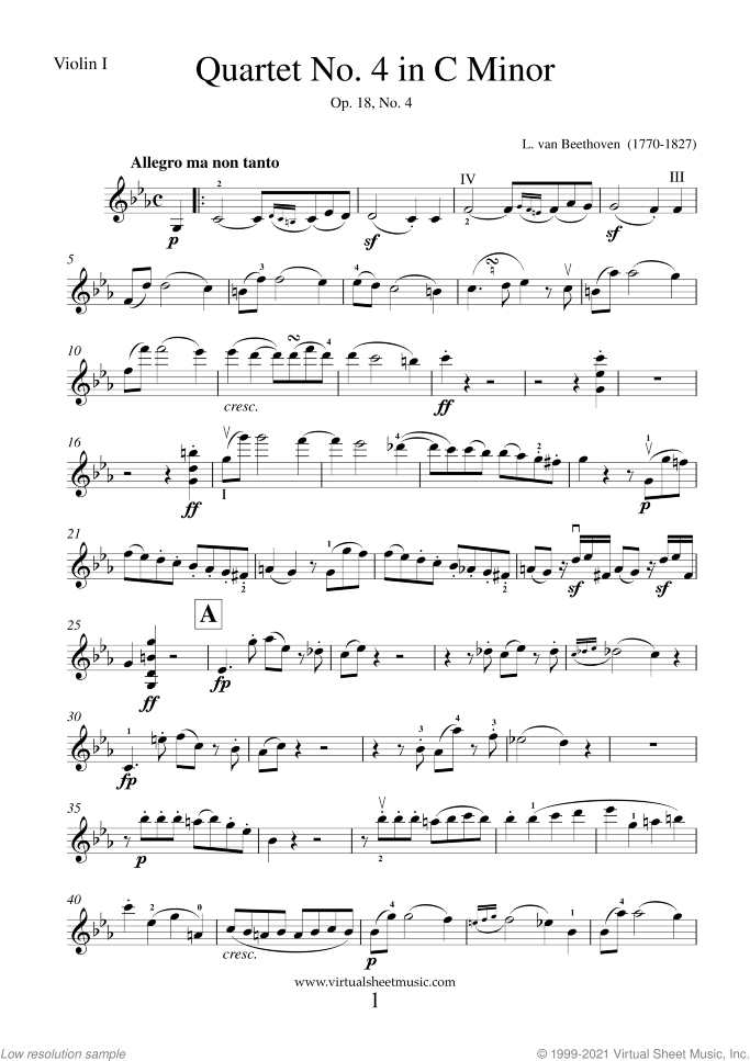 Quartet Op.18 No.4 in C minor (parts) sheet music for string quartet by Ludwig van Beethoven, classical score, advanced skill level