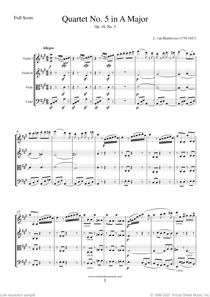 Quartet Op.18 No.5 in A major (f.score) sheet music for string quartet by Ludwig van Beethoven, classical score, advanced skill level