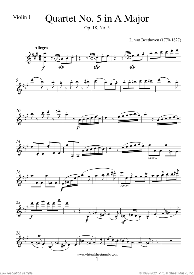 Quartet Op.18 No.5 in A major (parts) sheet music for string quartet by Ludwig van Beethoven, classical score, advanced skill level