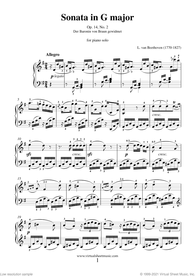 Sonata Op.14 No.2 sheet music for piano solo by Ludwig van Beethoven, classical score, intermediate/advanced skill level