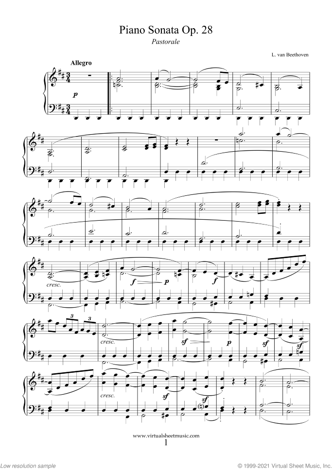 Sonata Op.28 "Pastorale" sheet music for piano solo by Ludwig van Beethoven, classical score, intermediate/advanced skill level