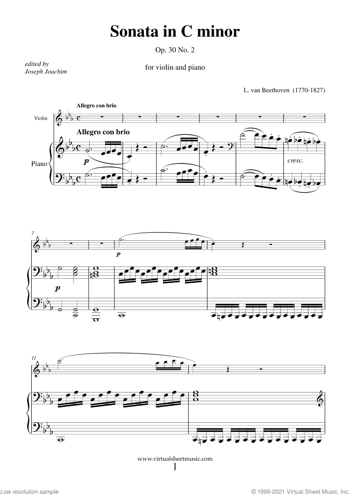 Sonata Op.30 No.2 sheet music for violin and piano by Ludwig van Beethoven, classical score, intermediate skill level
