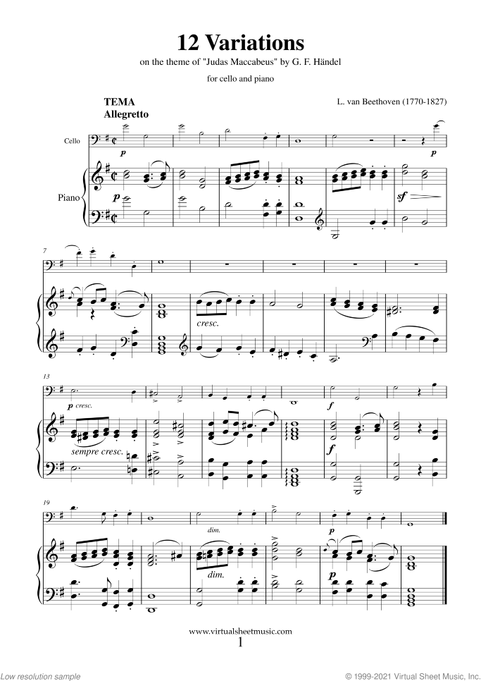 12 Variations from a theme by Handel sheet music for cello and piano by Ludwig van Beethoven, classical score, easy/intermediate skill level