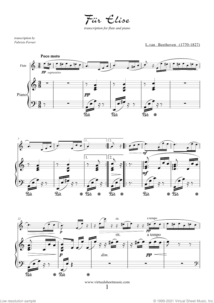 Fur Elise sheet music for flute and piano by Ludwig van Beethoven, classical score, easy/intermediate skill level