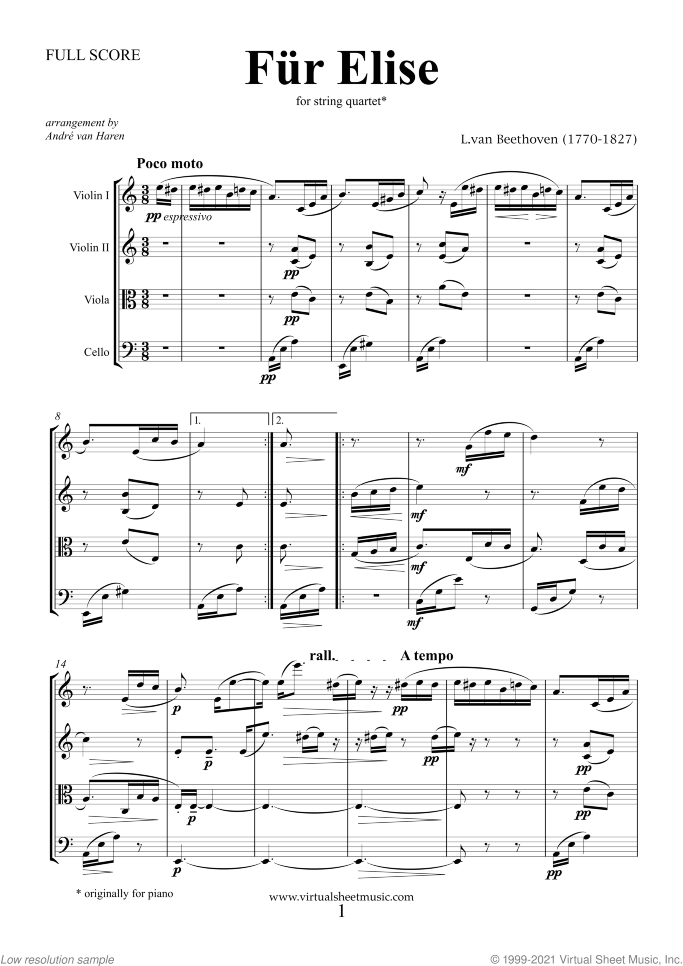 Fur Elise (f.score) sheet music for string quartet by Ludwig van Beethoven, classical score, easy/intermediate skill level