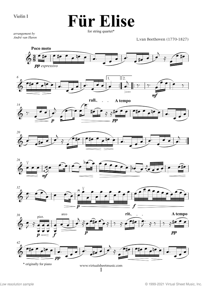 Fur Elise (COMPLETE) sheet music for string quartet by Ludwig van Beethoven, classical score, easy/intermediate skill level