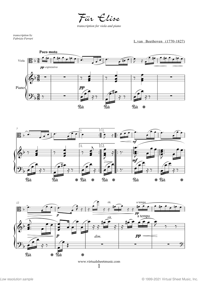 Fur Elise sheet music for viola and piano by Ludwig van Beethoven, classical score, easy/intermediate skill level